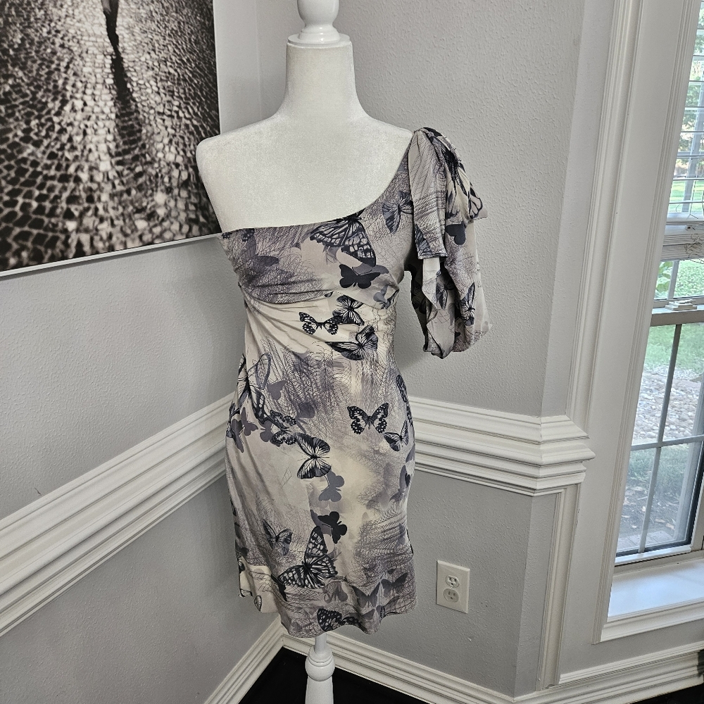 STUNNING KAREN MILLEN ONE SHOULDER GREY SILK BUTTERFLY COCKTAIL DRESS size 4